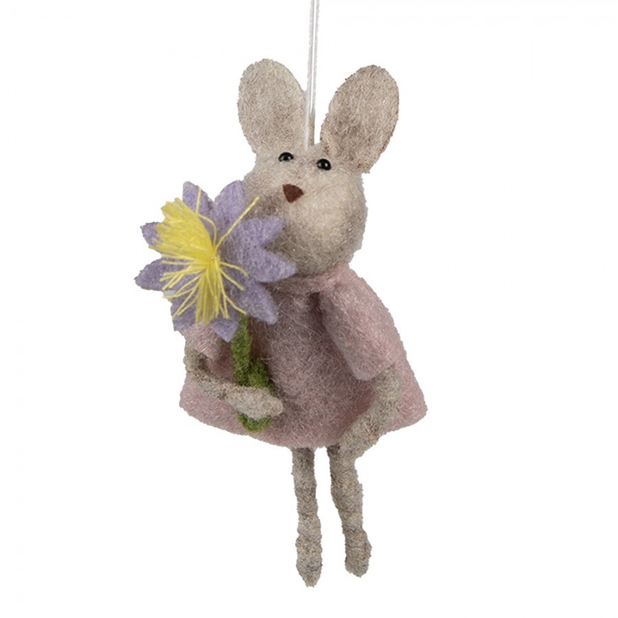 Šedý plstěný závěsný králíček s kytičkou Magiccal - 11 cm  Clayre & Eef