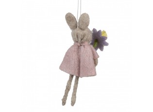 Šedý plstěný závěsný králíček s kytičkou Magiccal - 11 cm 