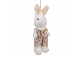 Bílý plyšový závěsný králíček v hnědých laclíkách - 14 cm