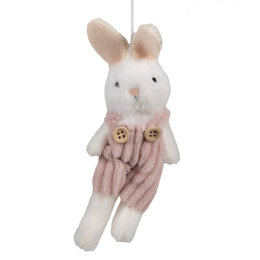 Bílý plyšový závěsný králíček v růžových laclíkách Magiccal - 6*4*14 cm Clayre & Eef