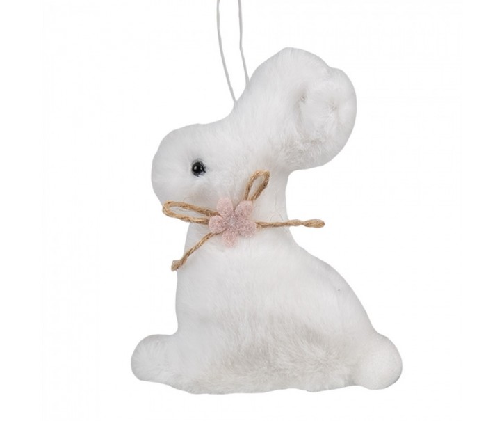 Bílý plyšový závěsný velikonoční králíček s kytičkou - 7*3*10 cm