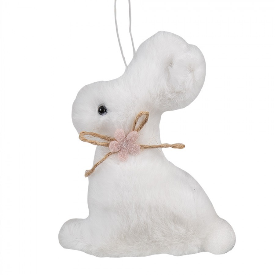 Bílý plyšový závěsný velikonoční králíček s kytičkou - 7*3*10 cm