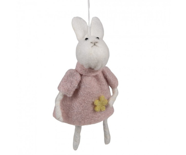 Růžový plstěný závěsný velikonoční králíček s kytičkou Magiccal - 6*3*13 cm
