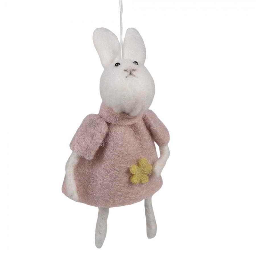 Růžový plstěný závěsný velikonoční králíček s kytičkou Magiccal - 6*3*13 cm