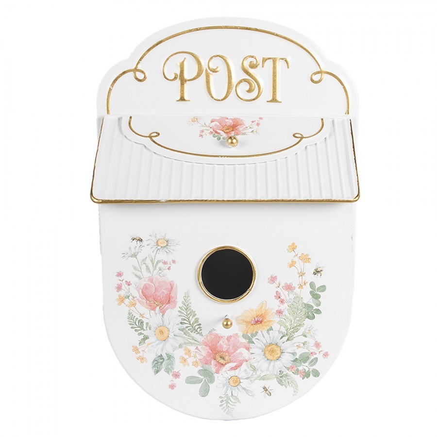 Bílá poštovní schránka ve tvaru ptačí budky Post s květy - 27*11*41 cm Clayre & Eef