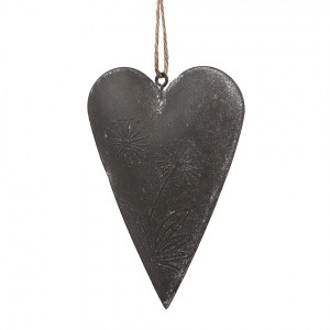 Šedé plechové ozdobné závěsné srdce s květinou - 11*2*8 cm