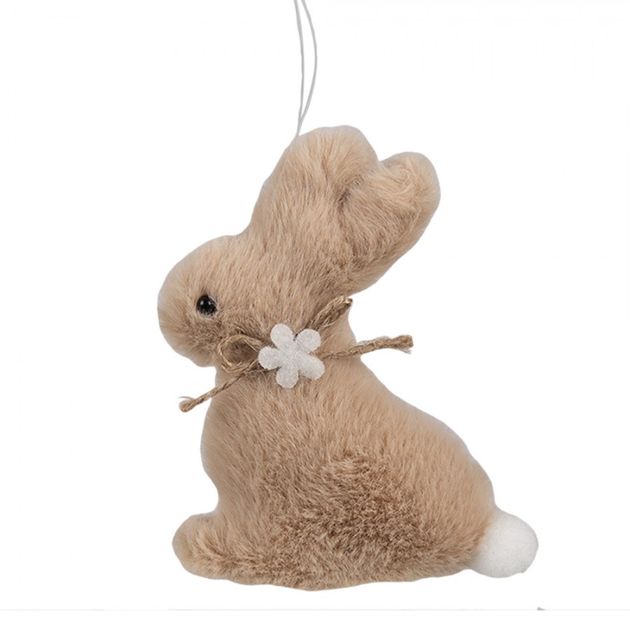 Hnědý plyšový závěsný velikonoční králíček s kytičkou Magiccal - 7*3*10 cm Clayre & Eef