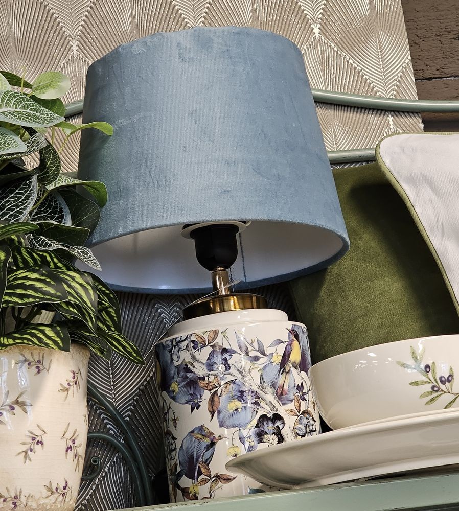 Bílo modrá stolní lampa s ptáčky - Ø 25*41 cm / E27