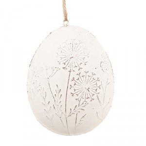 Bílé antik plechové závěsné vajíčko s kytičkama I - 10*2*8 cm