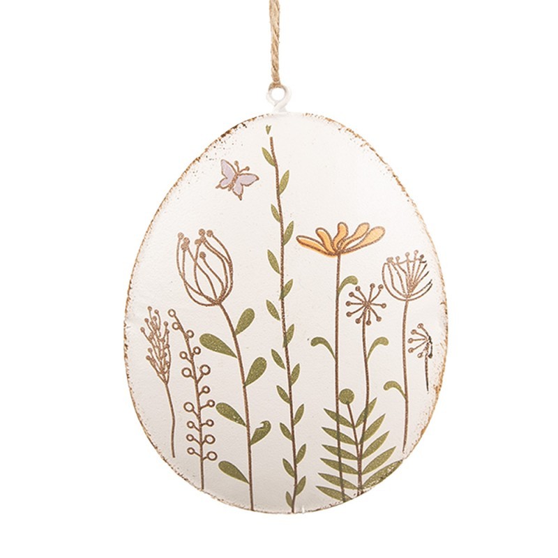 Béžové antik plechové závěsné vajíčko s lučními květy - 10*2*8 cm