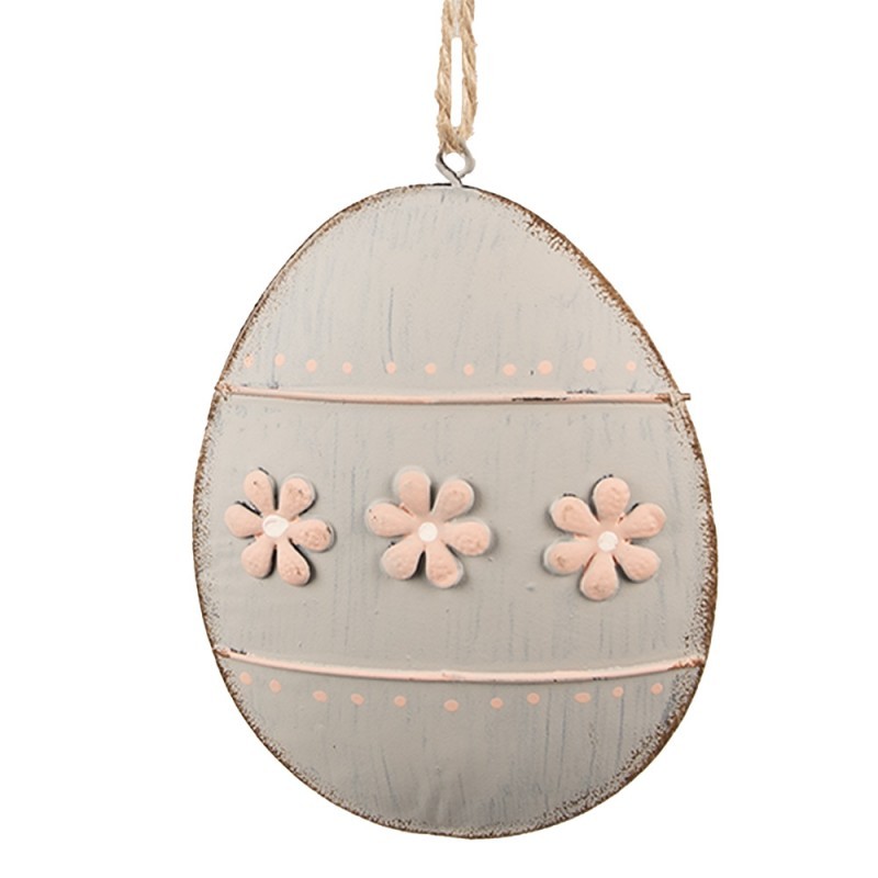 Šedé antik plechové závěsné vajíčko s květy - 10*2*8 cm