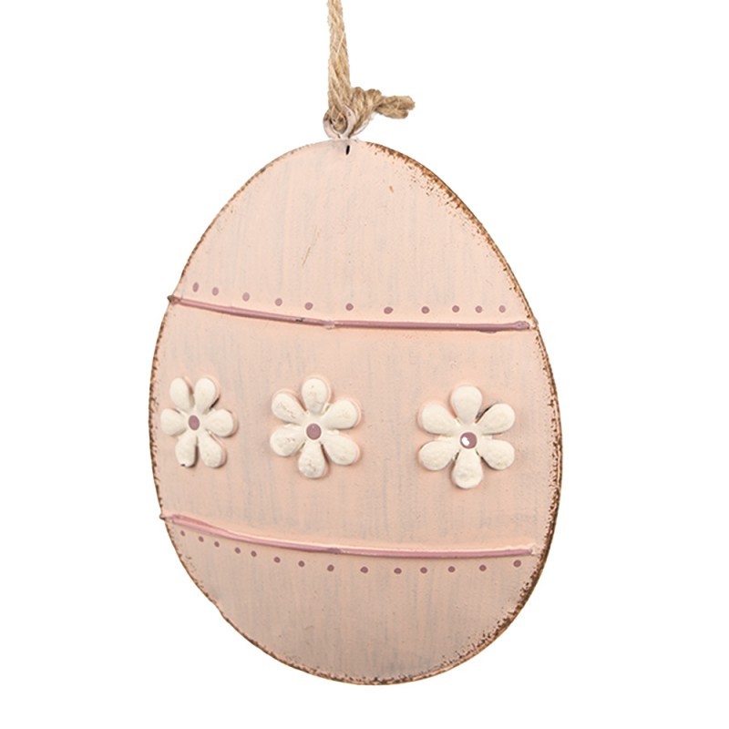 Růžové antik plechové závěsné vajíčko s květy - 10*2*8 cm