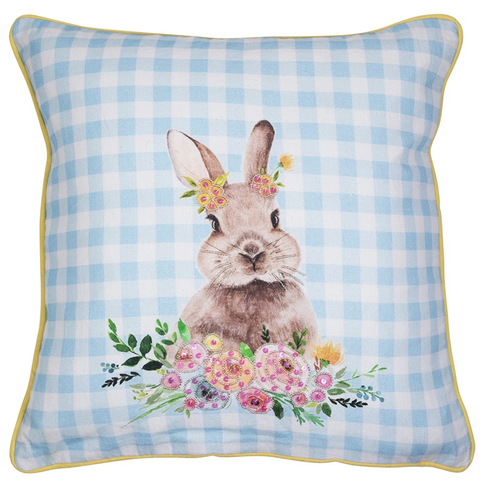 Modrý károvaný polštář s králíčkem Rabbio - 45*45*15cm