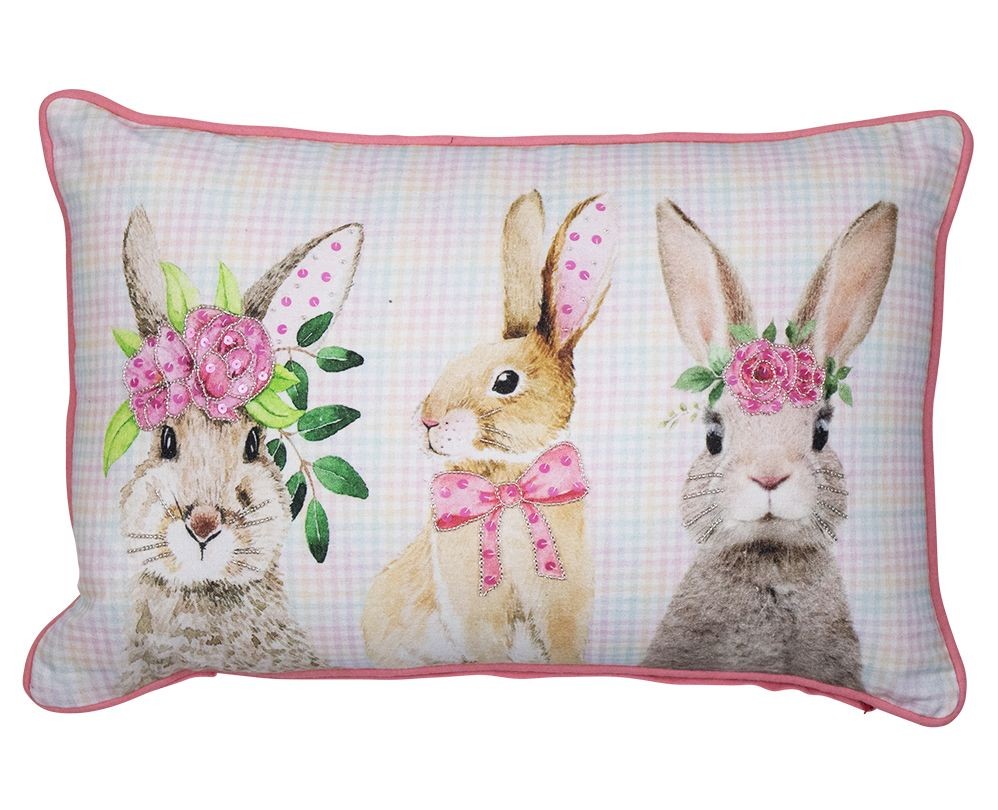 Růžový károvaný polštář s králíčky Rabbio - 45*15*35cm
