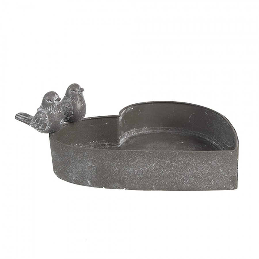 Šedý plechový květináč ve tvaru srdce s ptáčky - 19*17*7cm
