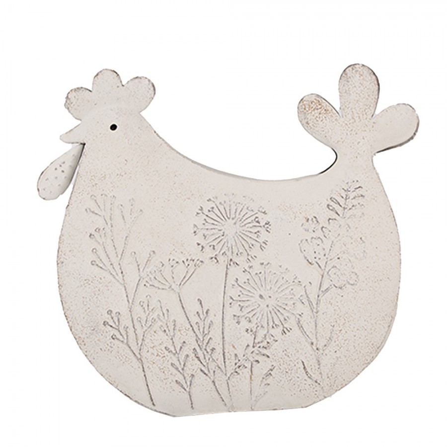 Levně Bílá antik kovová dekorace slepička s lučními květy - 15*6*14 cm 6Y5579