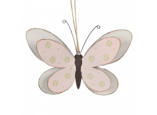 Růžovo-bílá kovová závěsná dekorace motýl S - 16*4*10 cm
