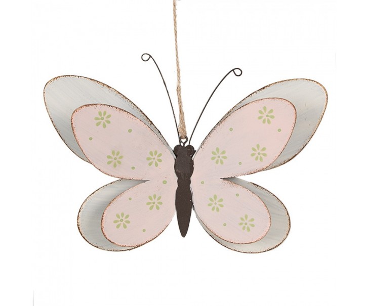 Růžovo-bílá kovová závěsná dekorace motýl M - 22*44*14 cm