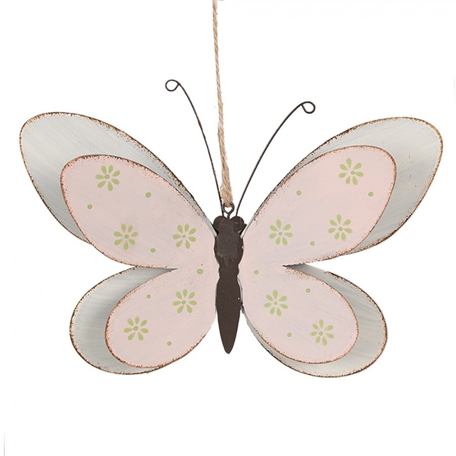 Růžovo-bílá kovová závěsná dekorace motýl M - 22*44*14 cm Clayre & Eef