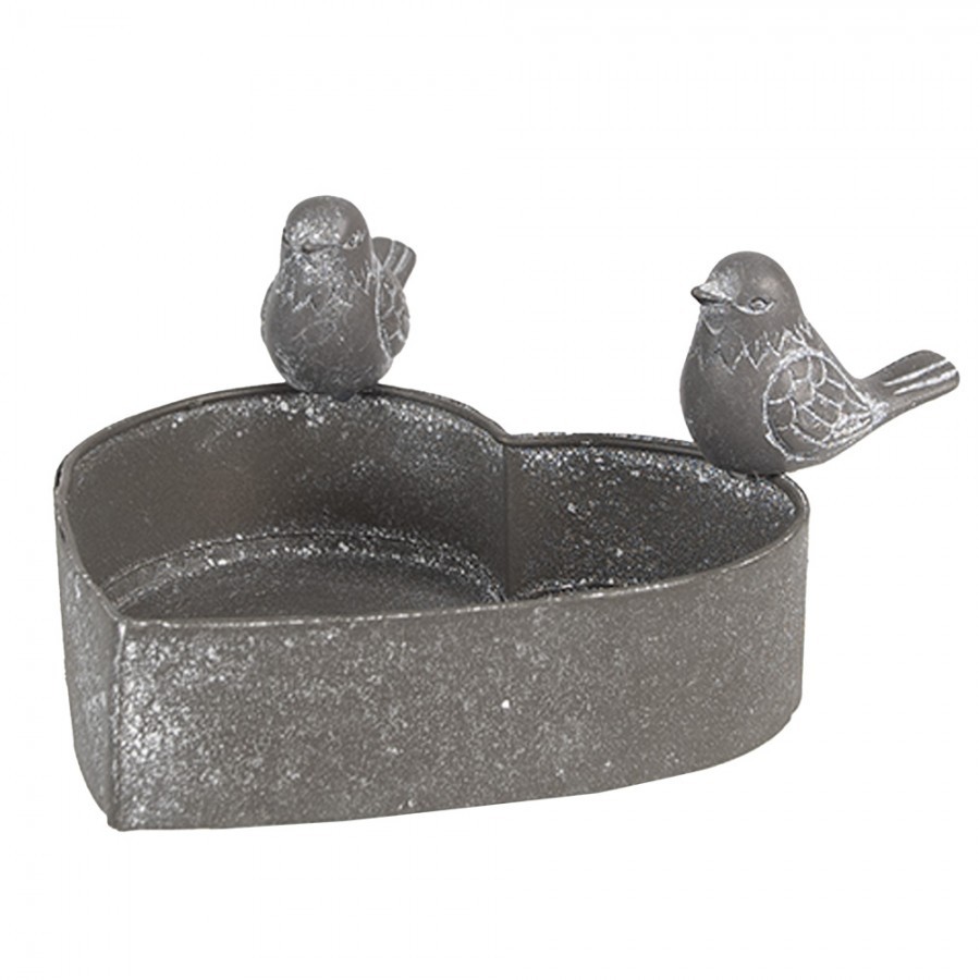 Šedý plechový květináč ve tvaru srdce s ptáčky - 14*12*7 cm