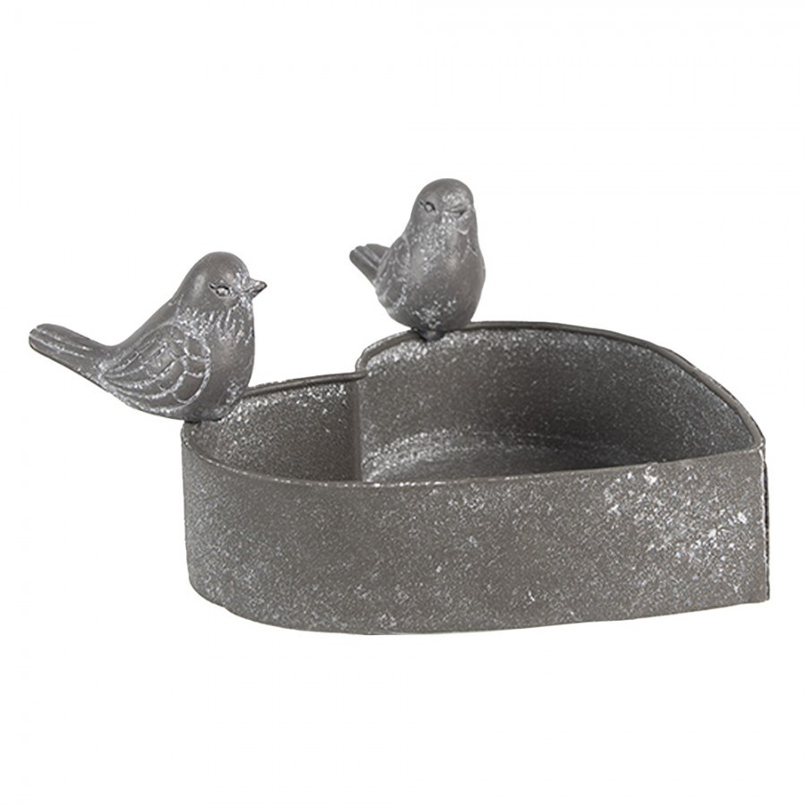 Šedý plechový květináč ve tvaru srdce s ptáčky - 14*12*7 cm