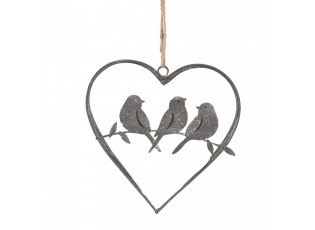 Šedý antik kovový ozdobný závěs srdce s ptáčky - 14*13 cm