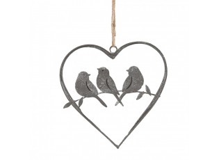 Šedý antik kovový ozdobný závěs srdce s ptáčky - 14*13 cm