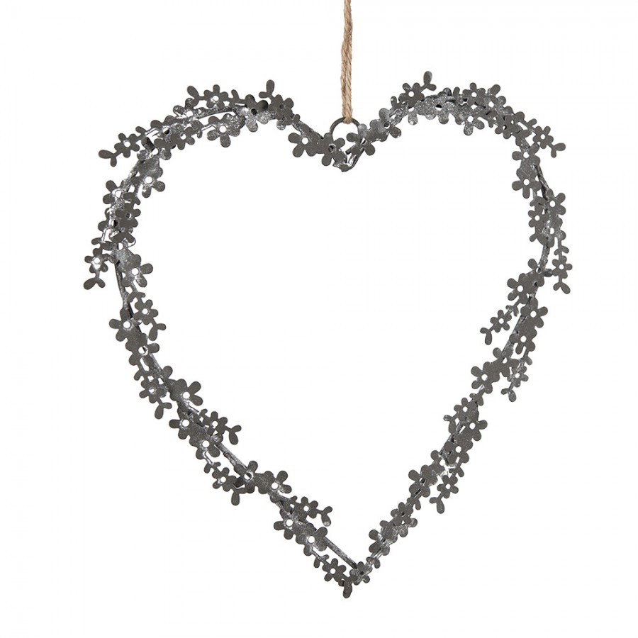 Šedý kovový ozdobný závěs srdce s květy - 20*1*20 cm Clayre & Eef