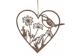 Hnědý kovový ozdobný závěs srdce s ptáčkem a květy - 16*1*15 cm