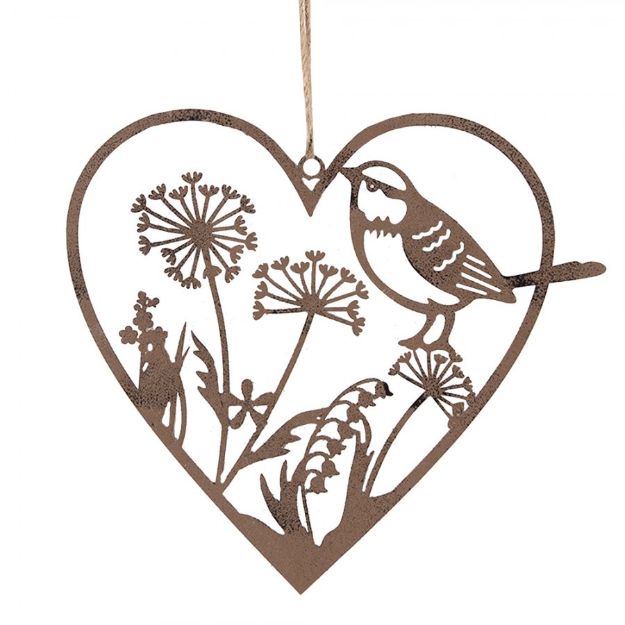 Hnědý kovový ozdobný závěs srdce s ptáčkem a květy - 16*1*15 cm Clayre & Eef