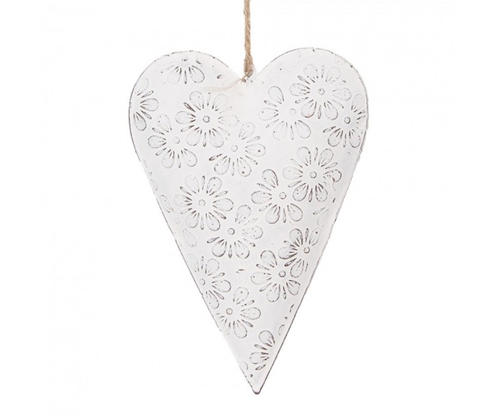 Bílé antik plechové ozdobné závěsné srdce s květy M - 15*2*10 cm