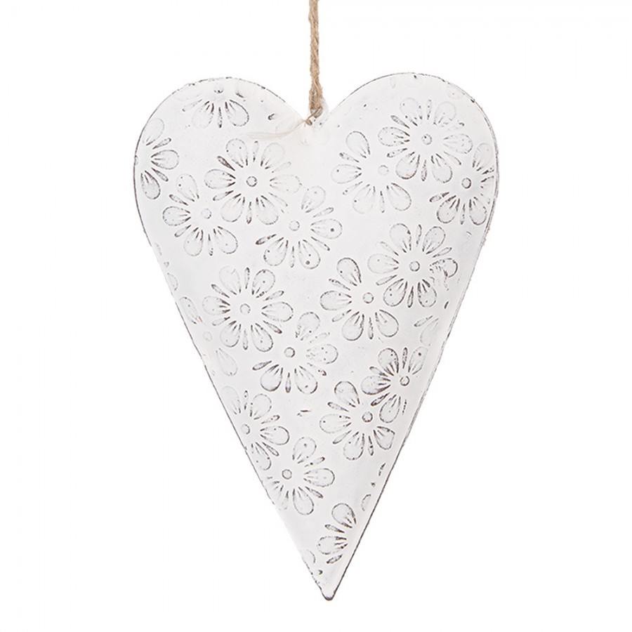 Bílé antik plechové ozdobné závěsné srdce s květy M - 15*2*10 cm Clayre & Eef