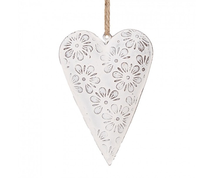 Bílé antik plechové ozdobné závěsné srdce s květy S - 11*2*8 cm