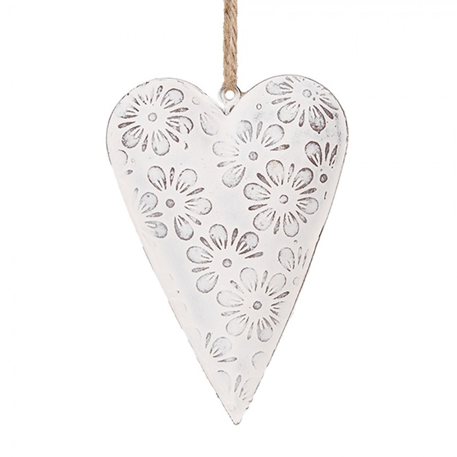 Bílé antik plechové ozdobné závěsné srdce s květy S - 11*2*8 cm 6Y5566S