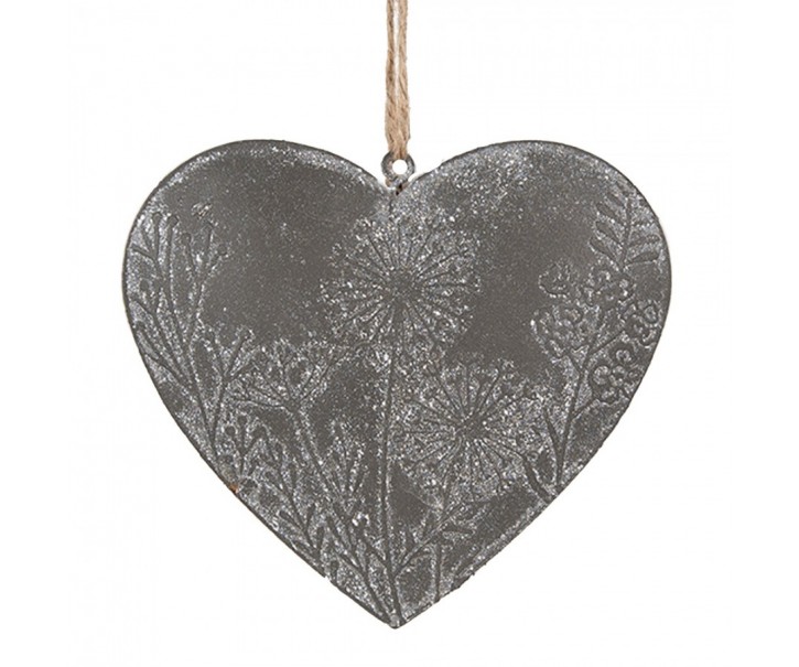 Šedé antik plechové ozdobné závěsné srdce s květy - 11*2*10 cm