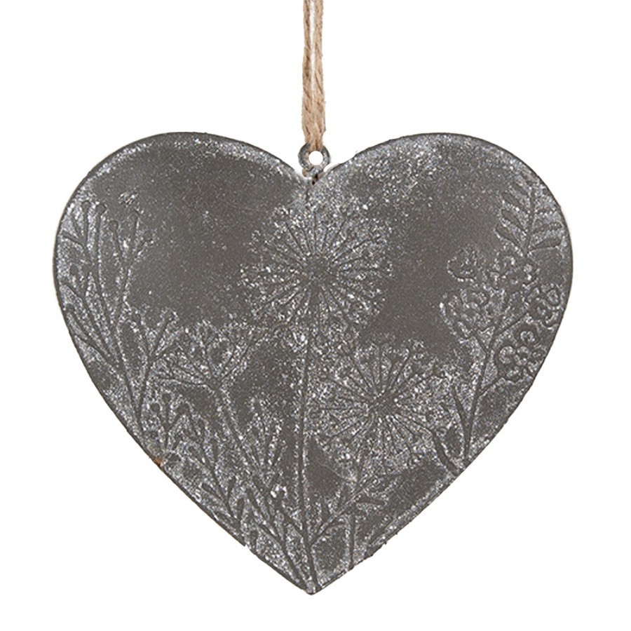 Šedé antik plechové ozdobné závěsné srdce s květy - 11*2*10 cm Clayre & Eef