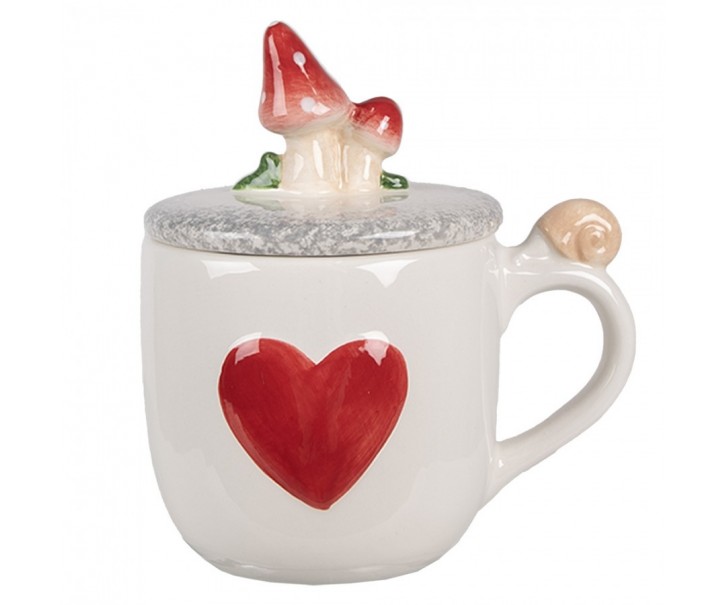 Bílý hrnek se srdíčkem a víčkem s houbami - 14*10*9 /15 cm / 400 ml Clayre & Eef
