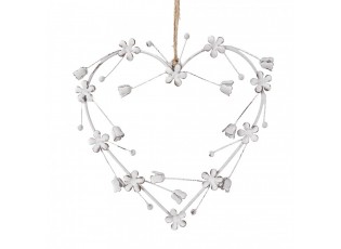 Bílé antik závěsné kovové dekorační srdce s květinami - 17*1*17 cm