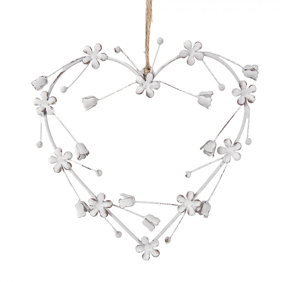 Bílé antik závěsné kovové dekorační srdce s květinami - 17*1*17 cm Clayre & Eef