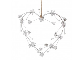Bílé antik závěsné kovové dekorační srdce s květinami - 17*1*17 cm