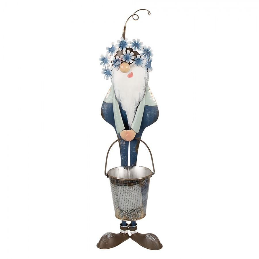 Kovová modrá dekorativní figurka skřítek s kbelíkem - 19*18*67 cm