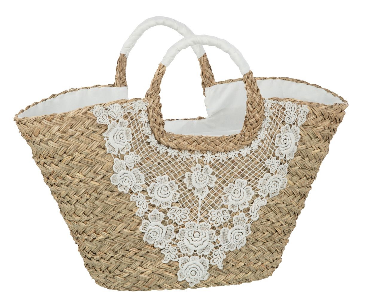 Levně Plážová taška z mořské trávy s kytičkovou krajkou Beach Bag Lace - 57*19*29cm 41765