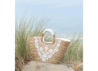 Plážová taška z mořské trávy s kytičkovou krajkou Beach Bag Lace - 57*19*29cm