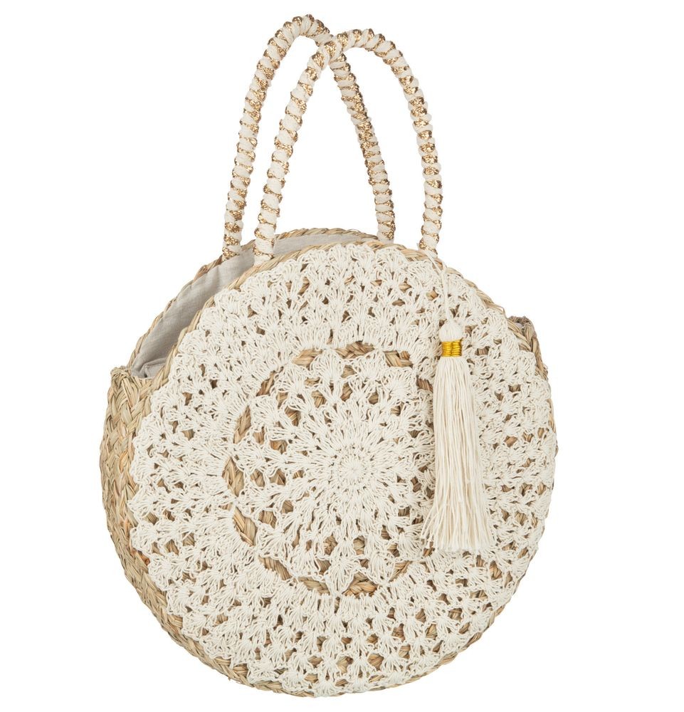 Plážová kulatá taška z mořské trávy s krajkou Beach Bag Lace - Ø 40*7cm