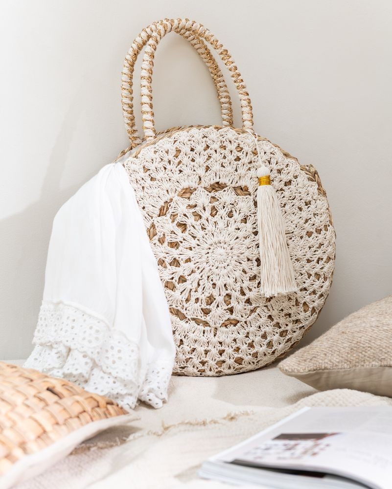 Plážová kulatá taška z mořské trávy s krajkou Beach Bag Lace - Ø 40*7cm