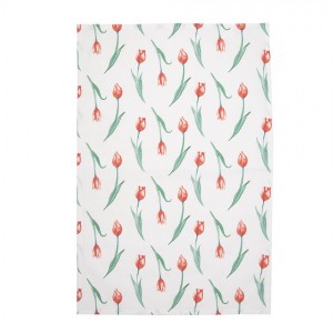 Bílá bavlněná kuchyňská utěrka s tulipány - 47*70 cm