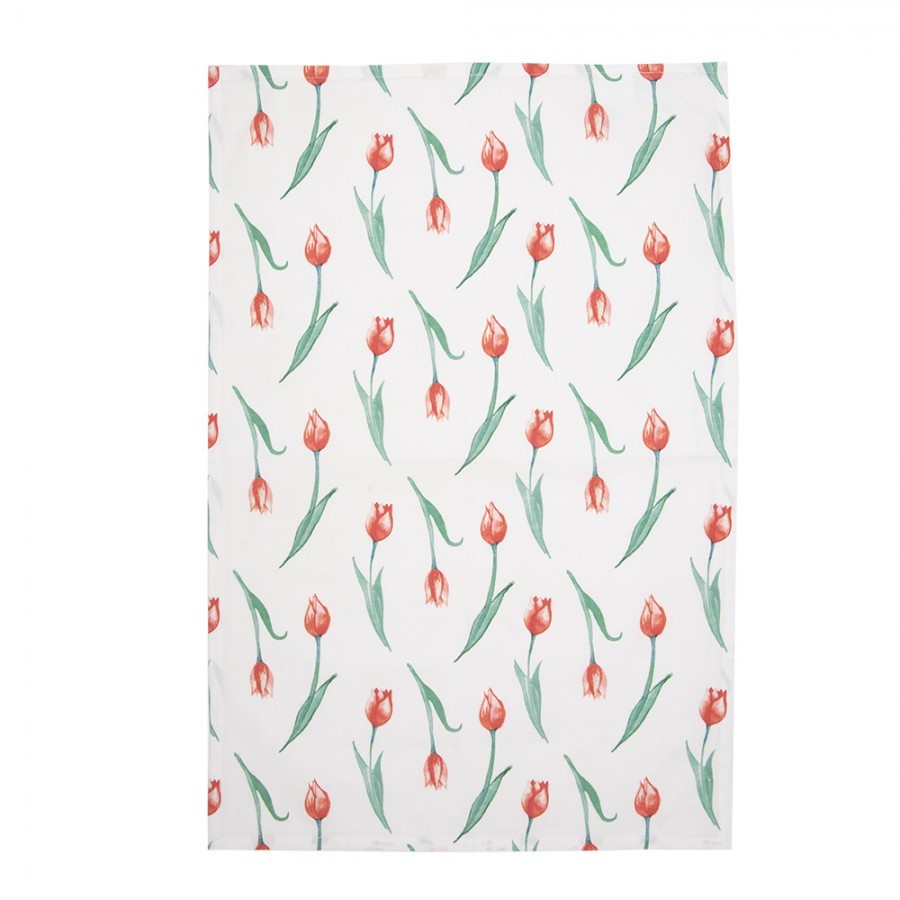 Bílá bavlněná kuchyňská utěrka s tulipány - 47*70 cm KT042.052