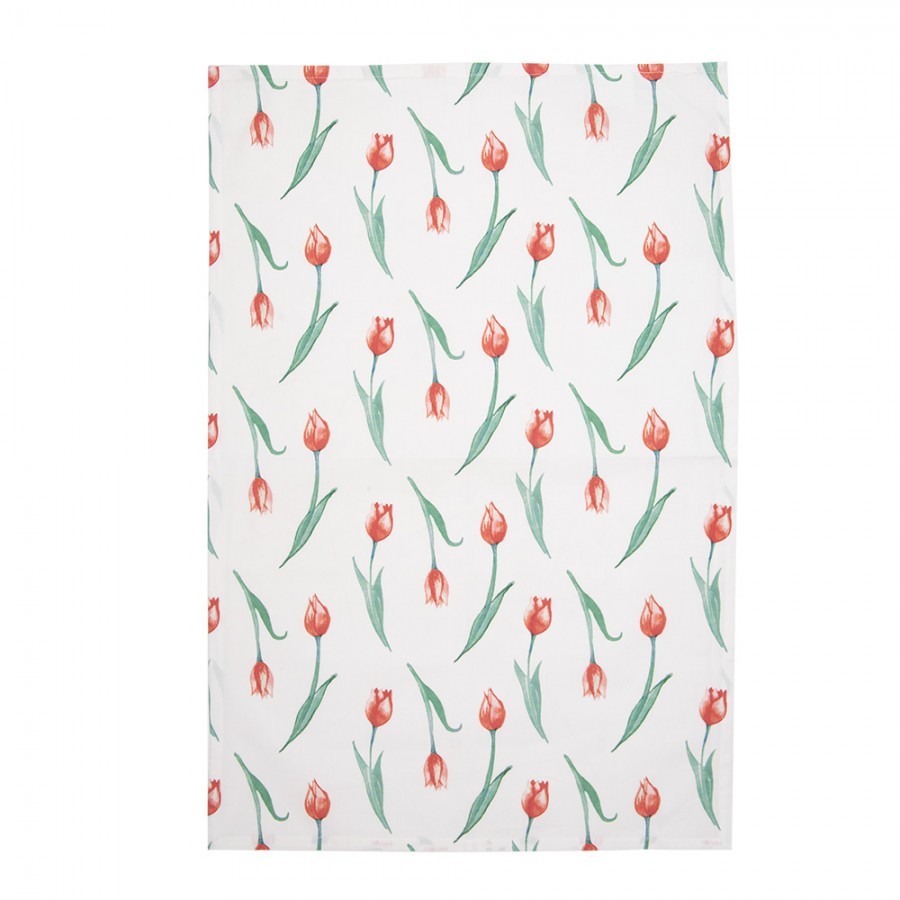 Bílá bavlněná kuchyňská utěrka s tulipány - 47*70 cm