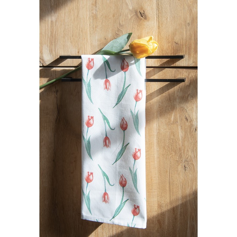 Bílá bavlněná kuchyňská utěrka s tulipány - 47*70 cm