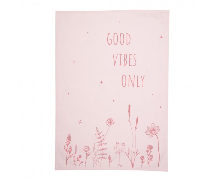 Růžová bavlněná utěrka s kytičkami Good Vibes Only - 47*70 cm